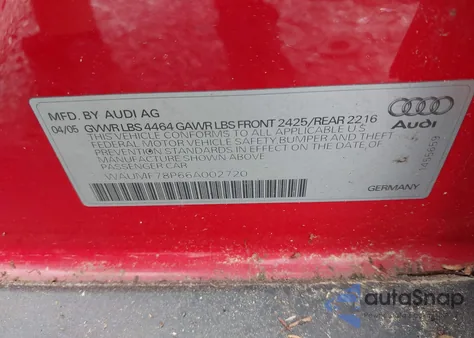 2006 Audi A3 2.0T z USA, uszkodzony, nr VIN WAUMF78P66A002720